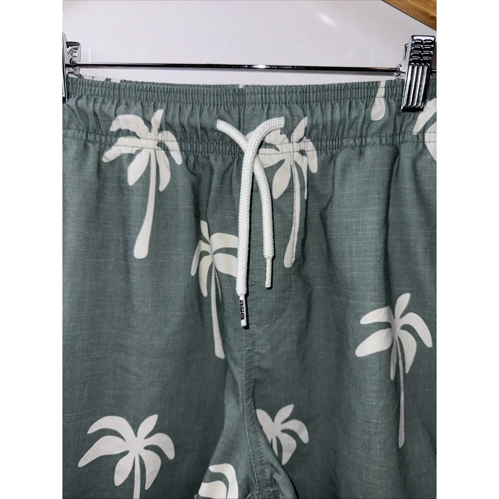 RSQ Swim Shorts Mens Medium Palm Print Green Drawstring Surfer Beach Casual